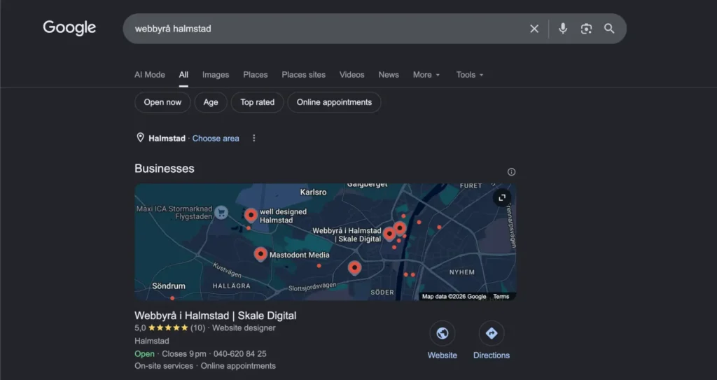 Skale Digital i Googles lokala sökresultat för webbyrå Halmstad