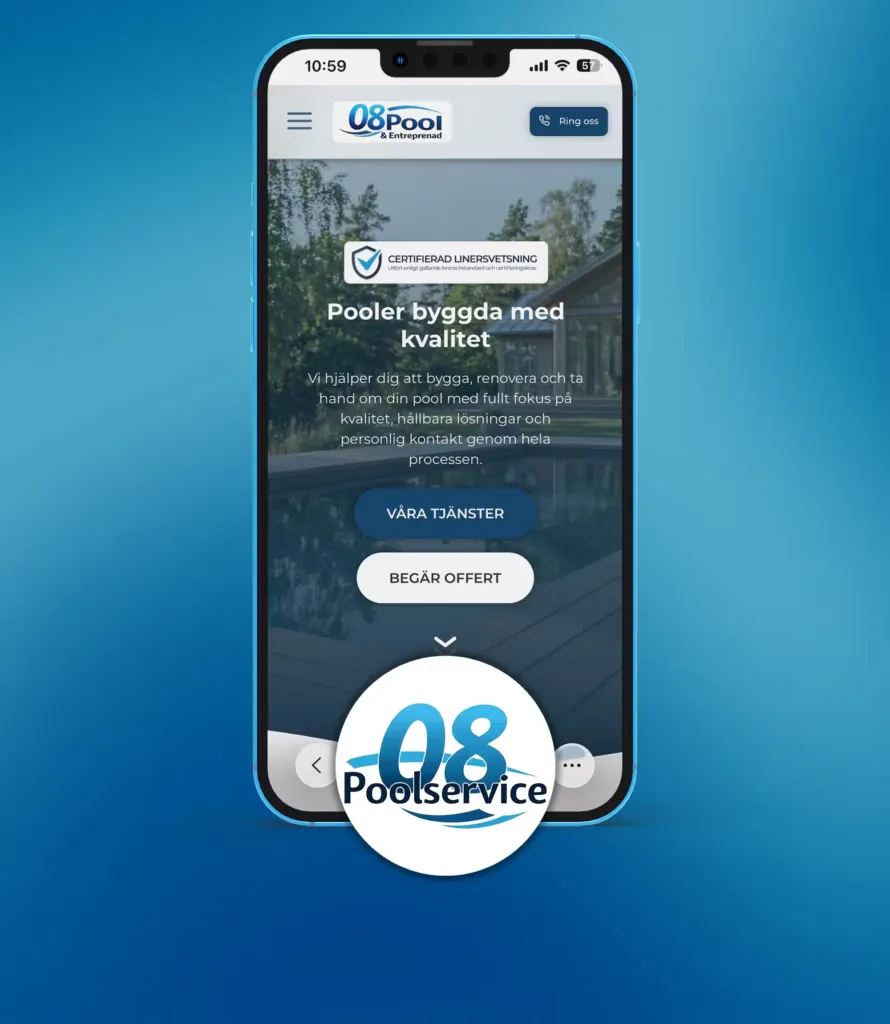 08 Pool & Entreprenad’s website on a phone